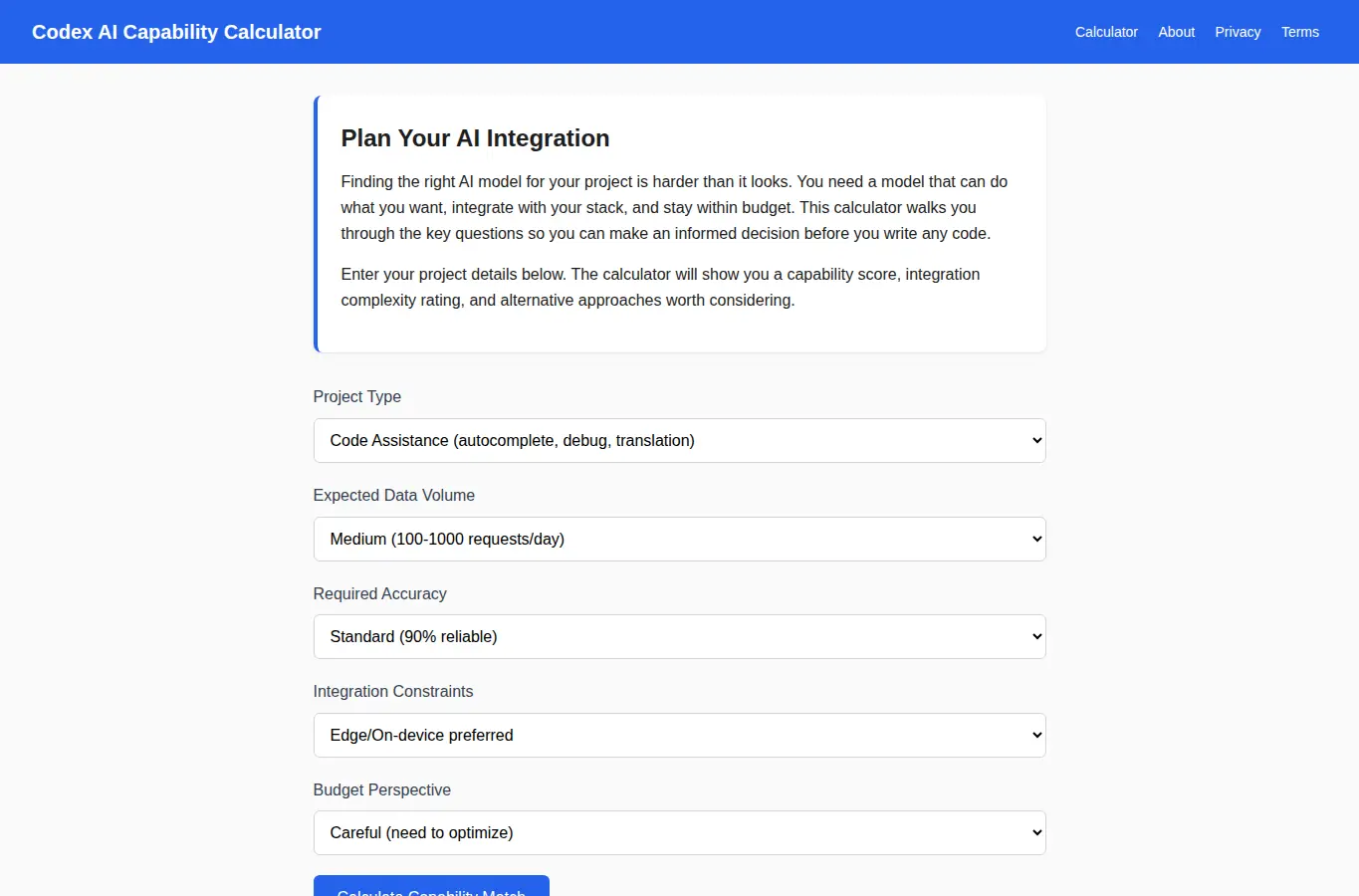 Screenshot of Codex AI Capability Calculator interface showing the project page in use